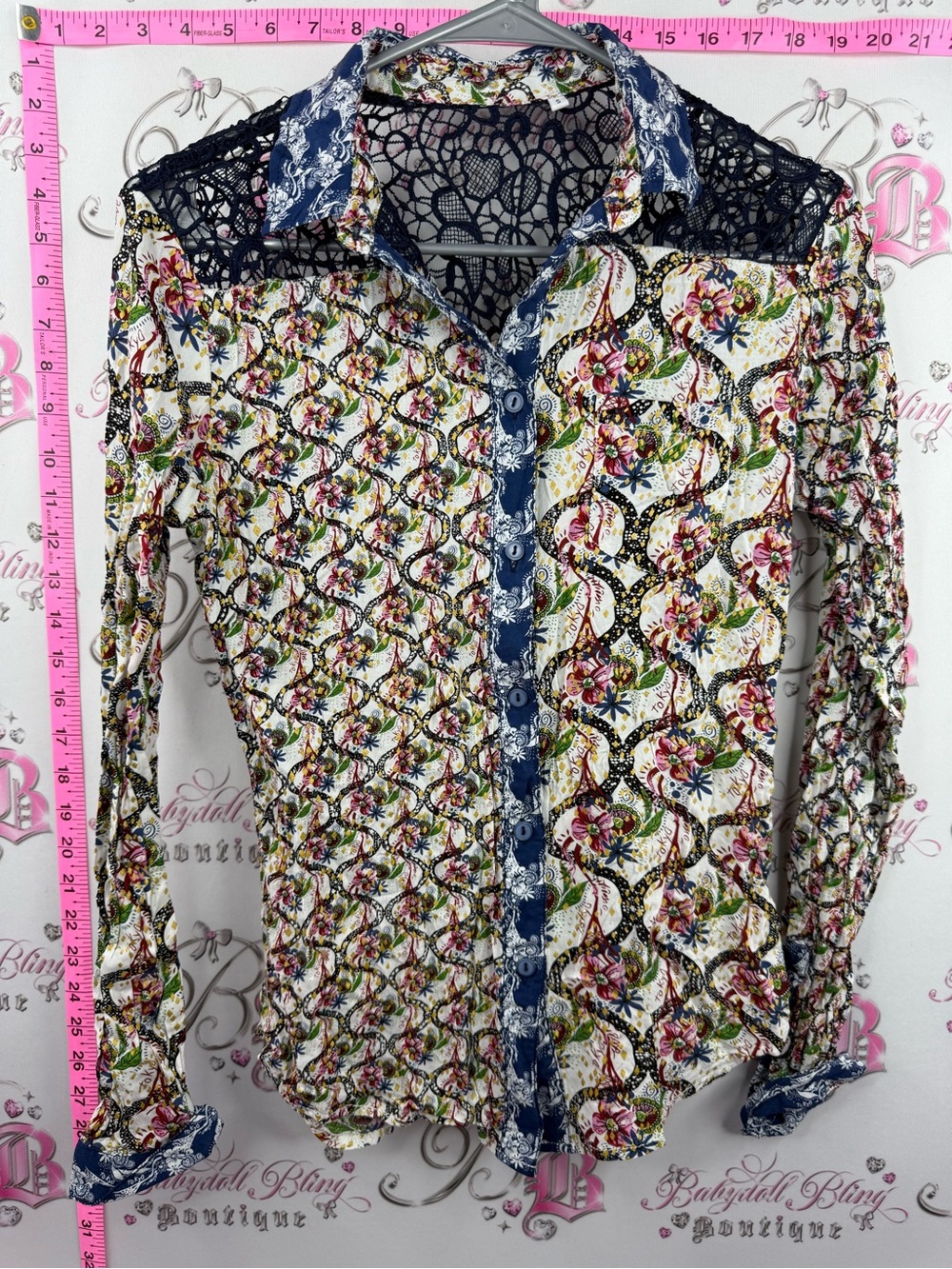 Long sleeve button up Floral Lace-Accent Button-Up Shirt in Multi-Color